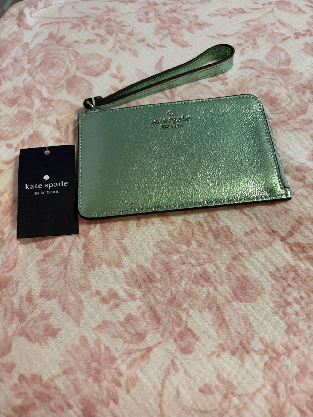 Kate Spade Lucy Metallic Mint Green Wristlet/Pouch With Strap NWT